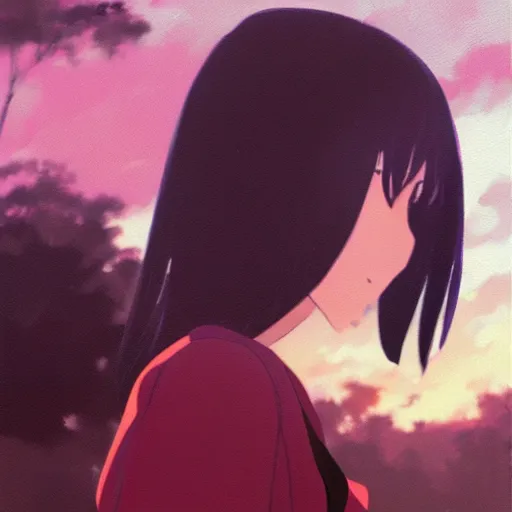 Image similar to a girl smoking, skinny, beautiful face, street at night, long hairfine art painting by makoto shinkai, featured on pixiv, hd