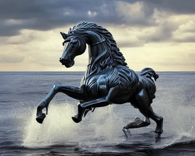 Image similar to a giant abstract sculpture of a great warrior on a horse on the ocean water, in the style of chad knight, award winning, cinematic, hyper - realistic, very detailed, realistic water splashes, ray tracing, 8 k resolution, long - shot, sharp focus, low angle, 8 5 mm photograph, wide lens