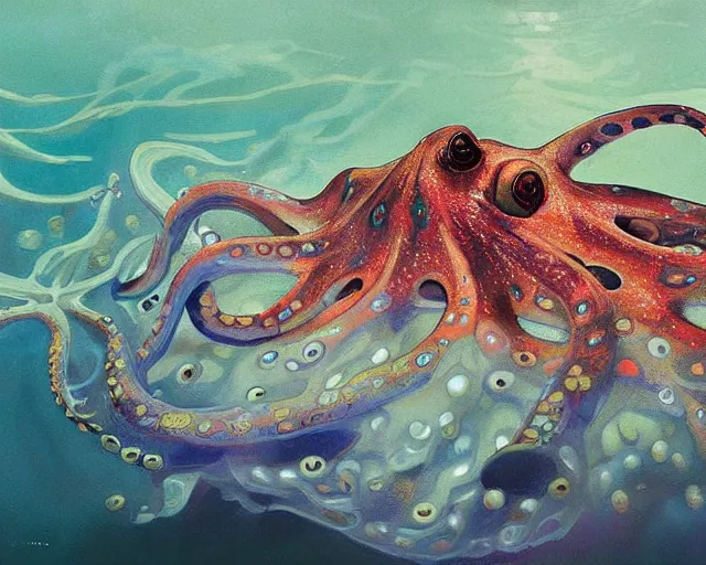 Prompt: a ultra high resolution photorealistic painting a spotted octopus scampering across a coral seabed. the light is shimmering dim, and the colors are bright. it is looking at the camera lens, in the style of of greg rutkowski, alphonse mucha, digital painting, high octane