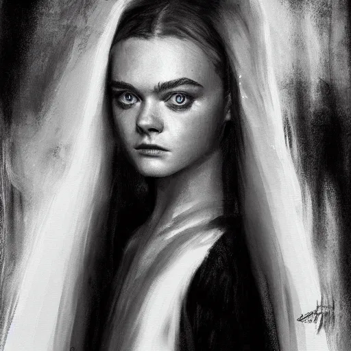 Prompt: professional painting of Elle Fanning wearing a black cultist robe and holding fire in the style of Craig Mullins, head and shoulders portrait, symmetrical facial features, smooth, sharp focus, illustration, intricate, stormy weather, extremely detailed masterpiece,