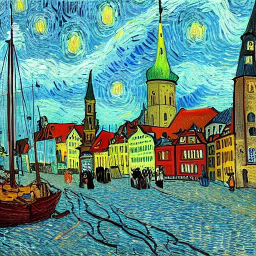 Prompt: a painting of the city of Rostock in the style of Vincent van Gogh