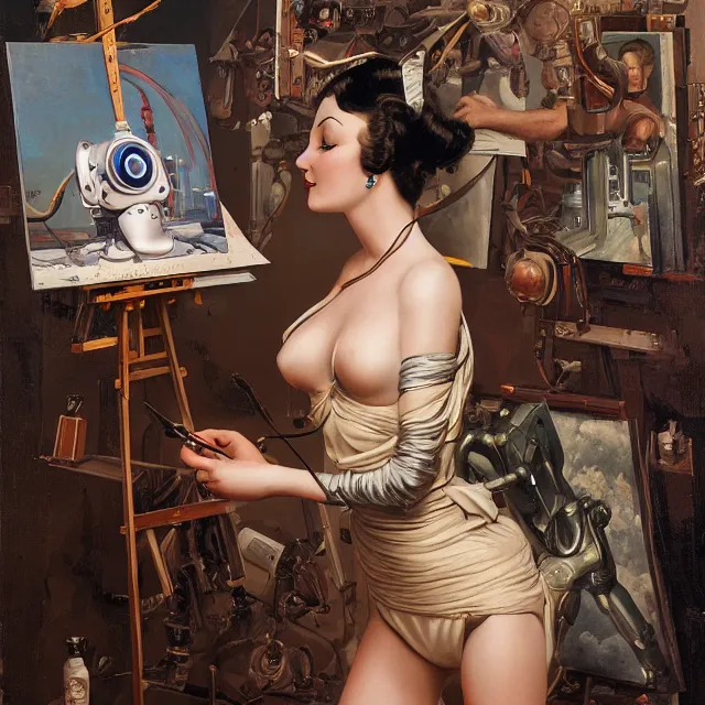 Prompt: robot artist painting a self - portrait on a canvas. intricate, highly detailed, digital matte painting in the style of gil elvgren and in the style of h. r. giger. irony, recursion, inspiration.