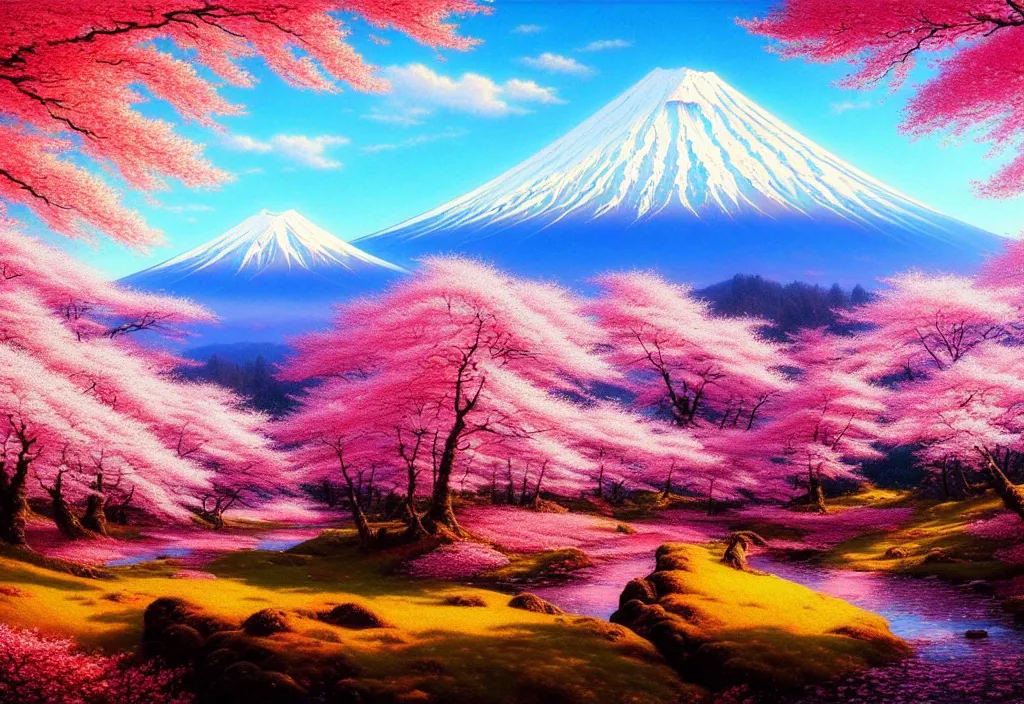 Image similar to a real photographic landscape painting with incomparable reality, wide angle, in forest, flowers, cherry blossom tree in full bloom, bright style, mount fuji, clearing, john howe, magnificent, artstation