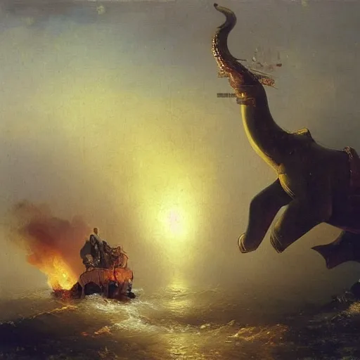 Image similar to giant gold-clad elephant in ferocious battle against a flying fire breathing seal, dark, oil painting, Ivan Aivazovsky