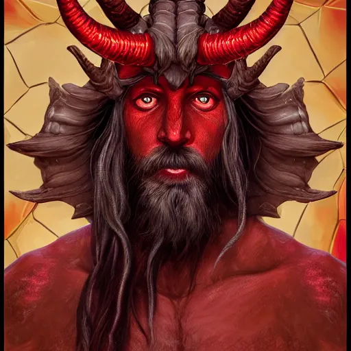 Image similar to dnd portrait of a tiefling, male, red scales and red skin, a big black beard, completely golden eyes, 2 ram horns growing out of his forehead,
