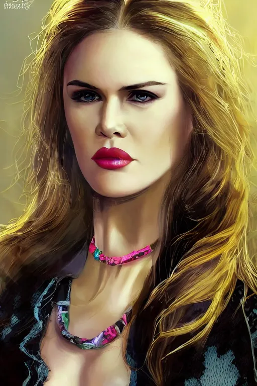 Image similar to mix of beautiful young maria shriver, mariel hemmingway, brooke shields, nicole kidman and elle macpherson as a snake girl with fangs, thin lips, hair tied up in a pony tail, dark blonde hair, colorful, artstation, cgsociety