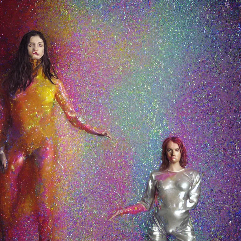 Image similar to octane render portrait by wayne barlow and carlo crivelli and glenn fabry, a woman wearing a clear plastic suit full of colorful thick fluid full of glitter, standing in front of a giant sheet of tie - dye aluminum foil, cinema 4 d, ray traced lighting, very short depth of field, bokeh