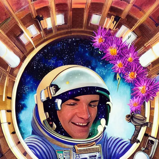 Image similar to realistic detailed view astronaut in space with flower crown by terance james bond, russell chatham, greg olsen, thomas cole, james e reynolds, photorealistic, fairytale, art nouveau, illustration, concept design, storybook layout, story board format