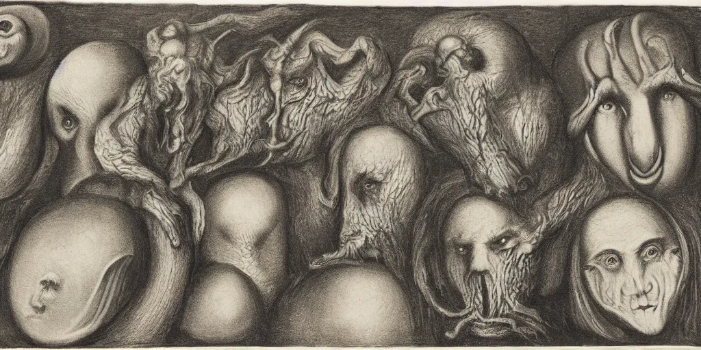 Image similar to portrait mezzotint of a group of mythical monsters and beasts in a squishy style