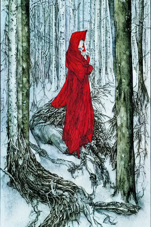 Image similar to red riding hood lost in a winter forest, art by luis royo and walter crane and kay nielsen, watercolor illustration,