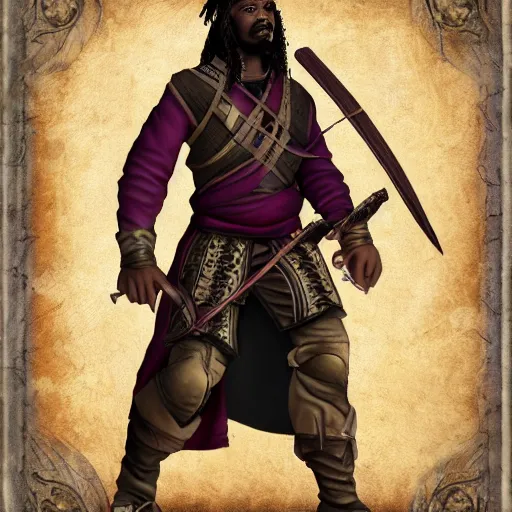 Image similar to a medieval hunter with african ethnicity and dreadlocks, plum color scheme, fantasy character portrait