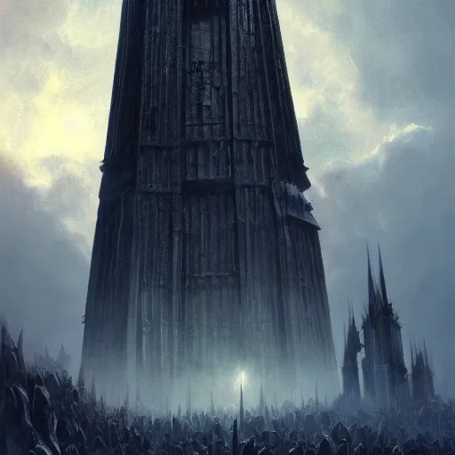 Image similar to the tower of orthanc from lord of the rings, dramatic lighting, chiaroscuro, high detail, painted by greg rutkowski, painted by igor kieryluk, painted by bobby chiu, trending on artstation