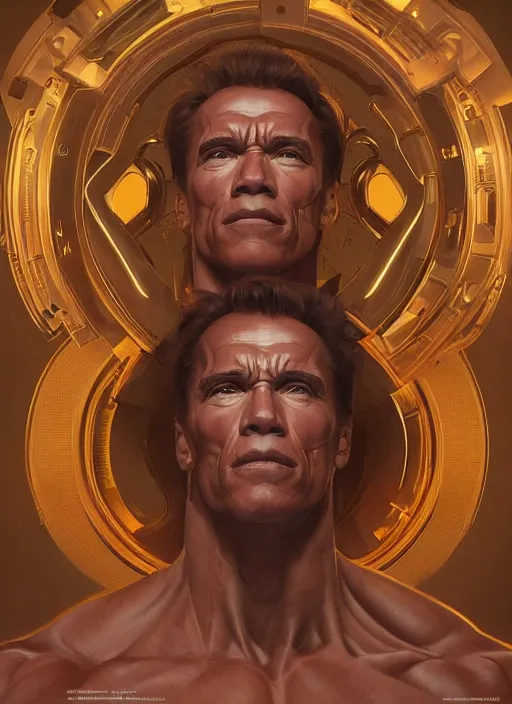 Image similar to symmetry!! arnold schwarzenegger, machine parts embedded into face, intricate, elegant, highly detailed, digital painting, artstation, concept art, smooth, sharp focus, illustration, art by artgerm and greg rutkowski and alphonse mucha, 8 k