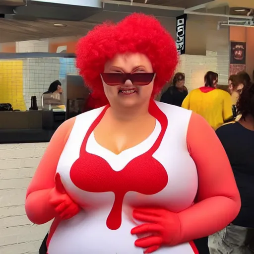 Image similar to woman in a tight KFC themed morph suit