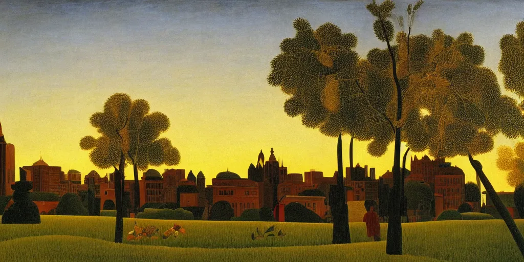 Image similar to a beautiful painting of Columbus Ohio by Henri Rousseau, golden hour, 8k, 4k