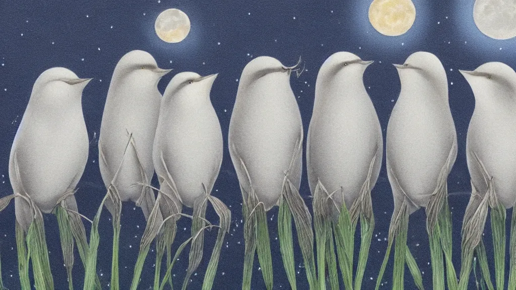 Prompt: a row of fat bearded reedlings, midnight, moonlight, full moon, highly detailed, intricate, hyper realistic