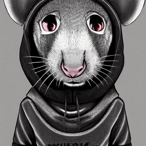 Image similar to a full body shot of a cute rat wearing a hoodie looking into the camera, highly realistic, furry art, furaffinity, deviantart, symmetrical, highly detailed, award winning, trending