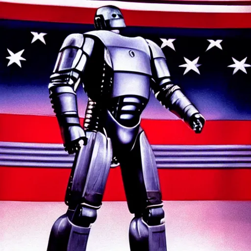 Prompt: iconic photo of robocop in presidential debate