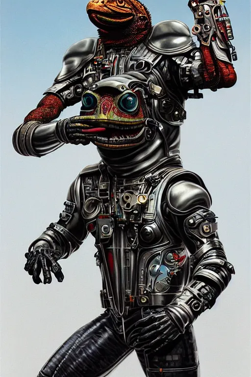 Image similar to a portrait of a muscular anthropomorphic cyberpunk iguana! in leather spacesuit armor with a large head by sandra chevrier, by jon foster, detailed render, pistol in holster, tape deck, epic composition, cybernetics, 4 k realistic, cryengine, realistic shaded lighting, sharp focus, masterpiece, by enki bilal