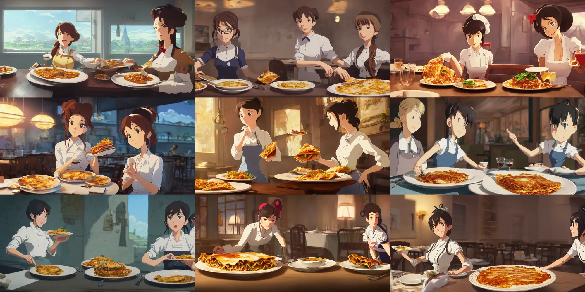 Prompt: a wholesome animation key shot of a fashionable waitress delivering a plate of delicious lasagna to the table at a high end restaurant, close up shot, portrait, expression, studio Ghibli, Pixar and Disney animation, sharp, Rendered in Unreal Engine 5, anime key art by Greg Rutkowski, Bloom, dramatic lighting