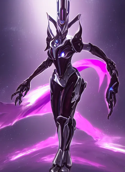 Image similar to cinematic close shot, galactic sized proportional stunning beautiful hot female warframe, sleek mecha goddess dragon head, metal ears, led purple eyes, smooth fuschia skin, smooth silver armor, floating in space, holding a galaxy, epic proportions, epic size, epic detail, furry art, dragon art, giantess art, warframe fanart, furaffinity, octane