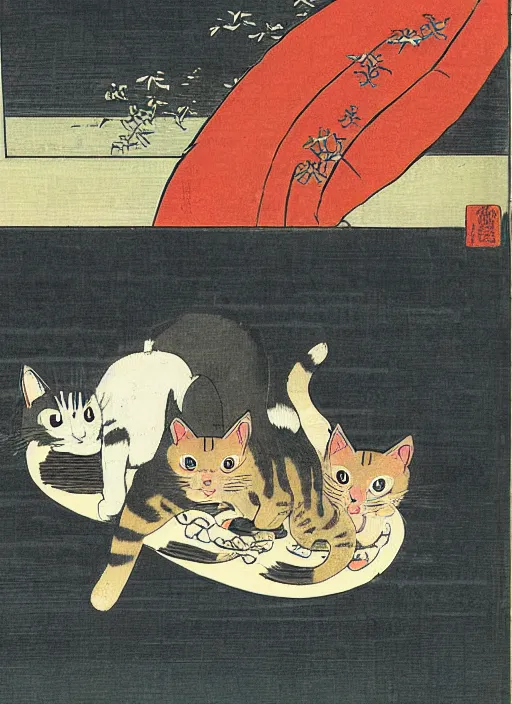 a cat with 2 baby cats of utagawa hiroshige | Stable Diffusion