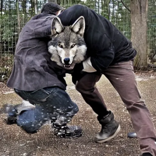 Image similar to a wolf attacking a man wearing punisher mask