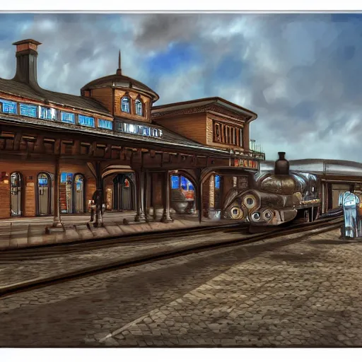 Image similar to realistic digital painting of a steampunk train station, Victorian, futuristic