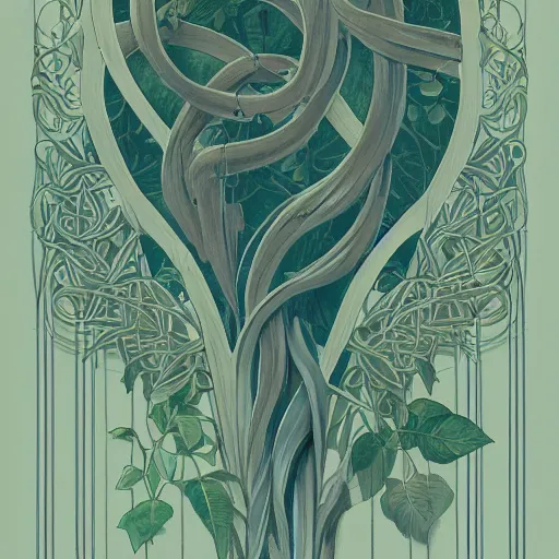 Prompt: random geometric shape of vines, limbs and vegetation art nouveau designs and borders by jean - baptiste monge, trending on artstation, post processing, shadows volumetric lighting