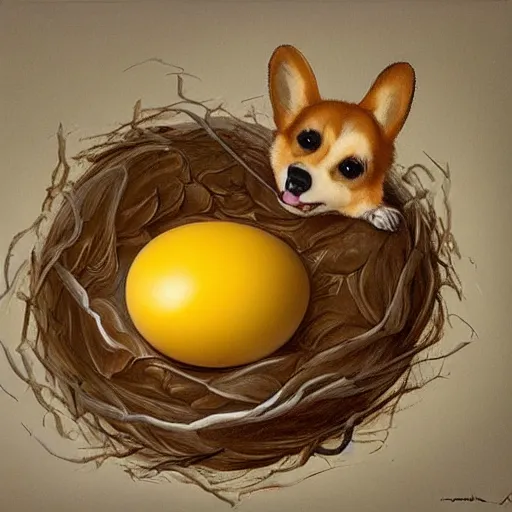 Image similar to concept art of a baby corgi emerging from an egg in a nest, anne geddes