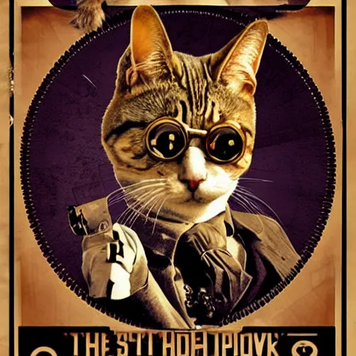 Image similar to steampunk cat, retro, movie poster