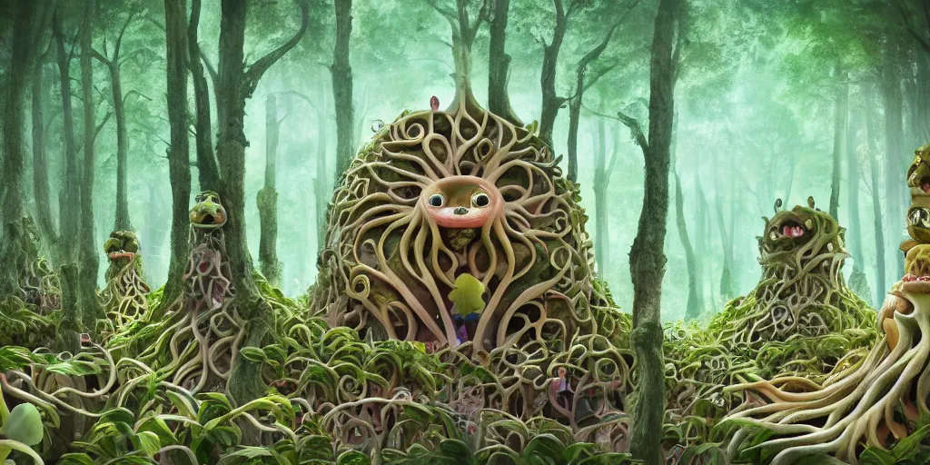 Prompt: of an intricate forest with strange cute friendly happy creatures with huge eyes, mouth, long tongue, round teeth and goofy face, appearing from the background, in the style of gehry and gaudi, macro lens, shallow depth of field, ultra detailed, digital painting, trending artstation, concept art, illustration, cinematic lighting, photorealism, epic, octane render