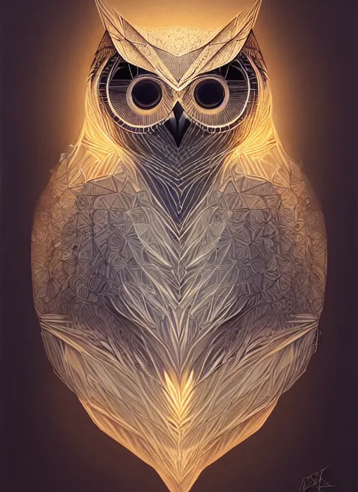 Image similar to portrait of a geometric owl, identical eyes, medium shot, illustration, full body made of white feathers, symmetrical, art stand, super detailed, cinematic lighting, and its detailed and intricate, gorgeous, by peter mohrbacher