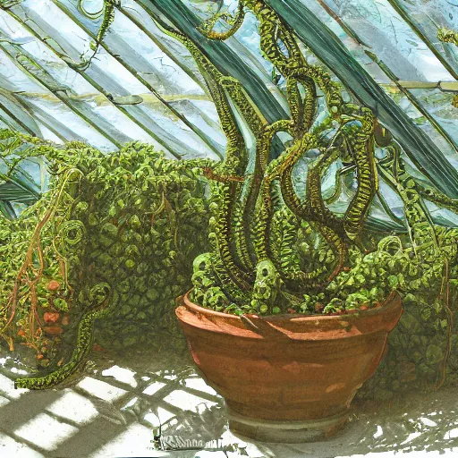 Prompt: wide shot several green poisonous spiked tentacula vines grow from a pot, on wooden table in the diagon ray of sunshine in large greenhouse, digital art, realistic, sharp focus, high detailed, calm, warm lighting, by Rutkowsky, by Levitan