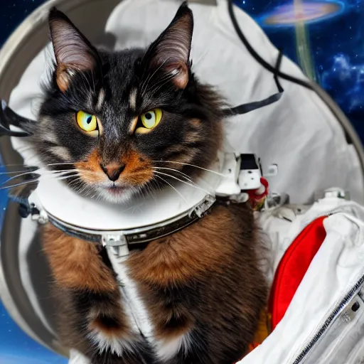 Prompt: Long Hair Tortoiseshell Cat in space as an astronaut, high definition