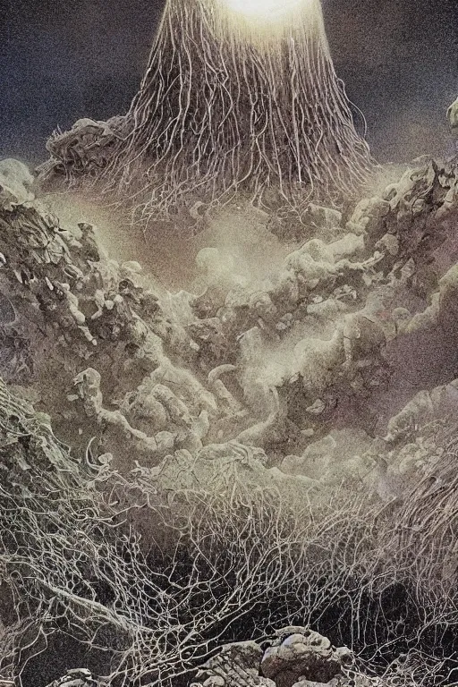 Image similar to The storms extol our ancient glory, great mounds feed us power from the sacred earth, intricate, elegant, digital mixed media painting, concept art, smooth, sharp focus, illustration, from 1961, by Bill sienkliewicz, Moebius and Stephen Gammell