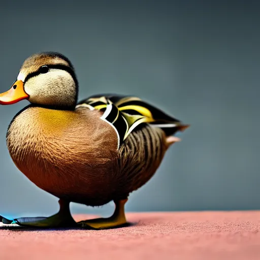 Image similar to a photo of a duck holding a knife with its beack, high quality, strong bokeh, 4k