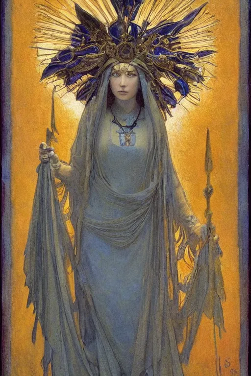 Image similar to queen of the moonlit dead with her lantern and regalia, by Annie Swynnerton and Nicholas Roerich and jean delville, dramatic cinematic lighting , ornate headdress , flowing robes, lost civilizations, extremely detailed