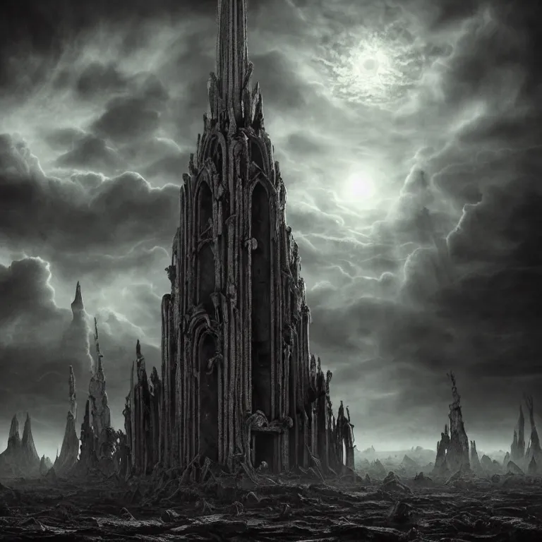 Image similar to surreal tall ancient alien abandoned ribbed spire spinal temple on exoplanet, wrecked technology, dark clouds, surreal abandoned buildings, dream-like heavy atmosphere, baroque painting, beautiful detailed intricate insanely detailed octane render trending on Artstation, 8K artistic photography, photorealistic, dramatic volumetric cinematic light, chiaroscuro, award-winning photograph, masterpiece, Raphael, Caravaggio, Beksinski, Giger