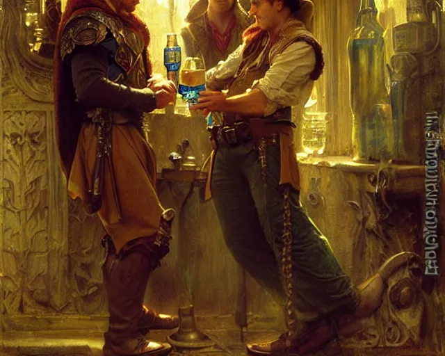 Image similar to attractive arthur pendragon and attractive merlin, both around 2 5 years old go to a pub together to have some drinks. highly detailed painting by gaston bussiere, craig mullins, j. c. leyendecker 8 k