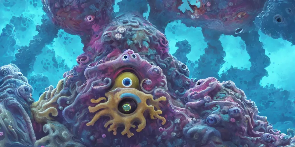 Image similar to of a colorful cloudy deep sea under water with strange cute friendly happy creatures with huge eyes, mouth, long tongue and round teeth appearing from sandy coral, in the style of gehry and gaudi, macro lens, shallow depth of field, highly detailed, digital painting, trending artstation, concept art, illustration, cinematic lighting, photorealism, epic, octane render