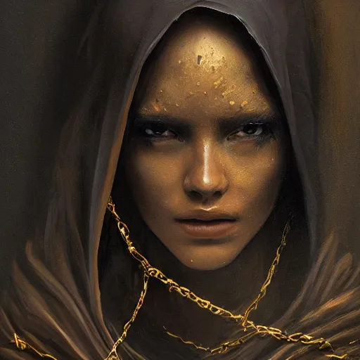 Image similar to a portrait of a young woman wearing a long dark cloak, hood and shadows covering face, holding golden chains, oil painting, matte painting, black background, Volumetric Golden dappled dynamic lighting, Highly Detailed, Cinematic Lighting, Unreal Engine, 8k, HD, by Beksinski