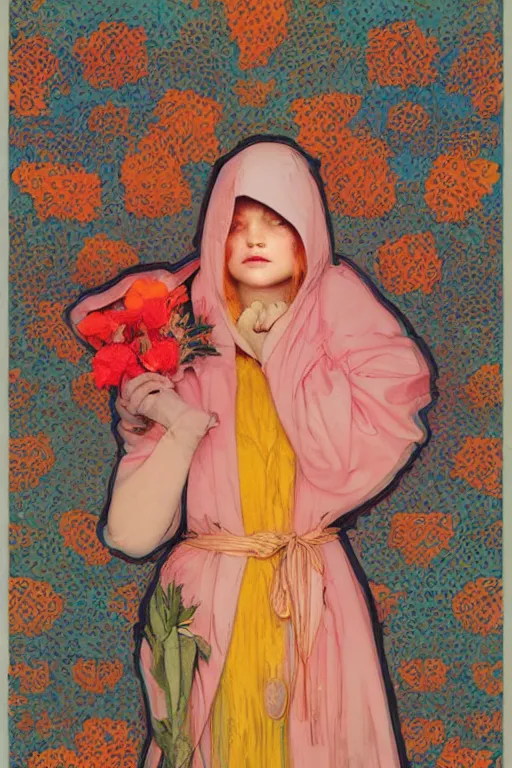 Image similar to a Girl in a large hood sitting on the ground , Slices of orange, cd , microphones ,pink Petals,graphic Design by rella and mucha ,Refreshing colour