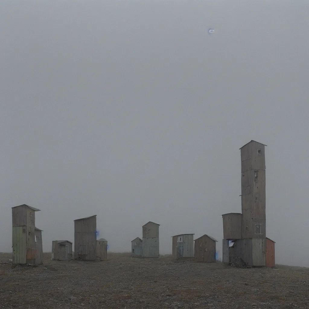 Image similar to two towers, made up of makeshift squatter shacks with pastel colours, uneven dense fog, dystopia, mamiya rb 6 7, fully frontal view, very detailed, photographed by jeanette hagglund