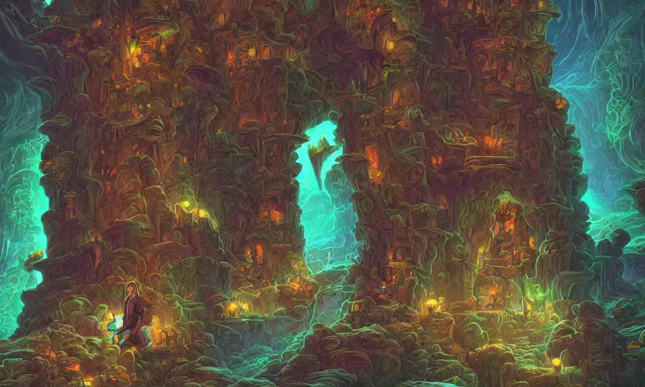 Image similar to large kerberos realm, wizard issues ticket close up, reading a directory, colorful ravine, 3 d art, digital illustration, perfect lighting