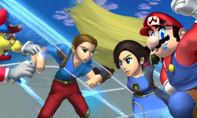 Image similar to 4k Super Smash Brothers screenshot of Korra punching Mario