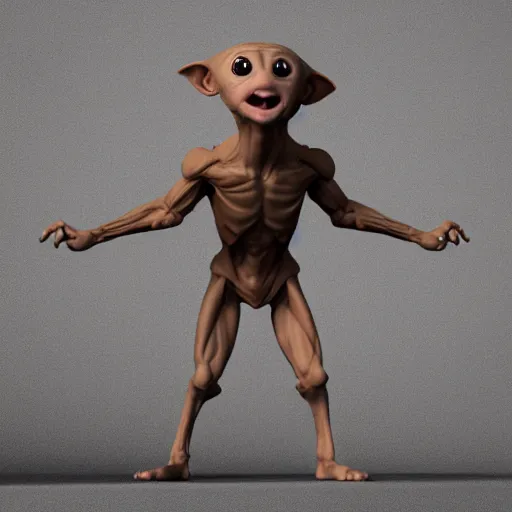 Image similar to 3d rendering of Dobby the House Elf as a screaming body builder, hd 4k