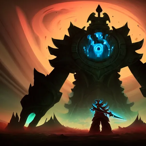 Image similar to Illustration of a Giant (Sentinal) holding the (blade) of the ruined king, digital art, (ruins), glow in the dark, (ethereal), the (void,) ominous, fear, very detailed, trending on artstation, high definition, by (Riot Games), League of legends