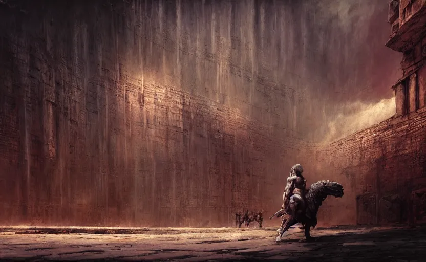 Prompt: ancient arena gladiator, beksinski, wayne barlowe, ruan jia, dark soul concept art, for honor charector concept art, the hobbit concept art