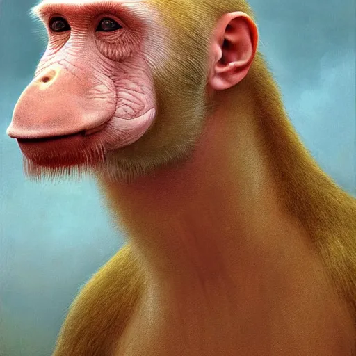 Image similar to vladimir putin, anthropomorphic proboscis monkey vladimir putin hybrid, vladimir putin transformation, macabre, horror, by donato giancola and greg rutkowski and wayne barlow and zdzisław beksinski, realistic face, visible face, digital art